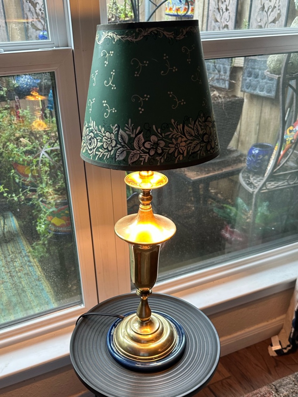 Vintage Brass Table Lamp with Green Floral Shade - Elegant Home Accent